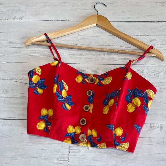 Forever 21 Top Womens SZ Medium Red Lemon Print Crop with Wood Buttons Whimsical - Picture 3 of 16